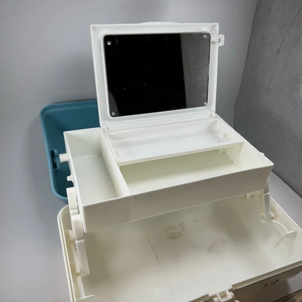Vintage Caboodles Makeup Case Blue White 90s Cosmetic Organizer Mirror Latch Box